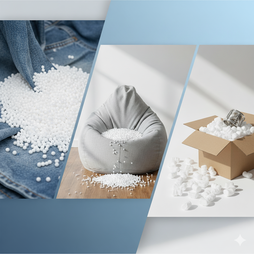 Expanded Polystyrene (EPS) foam beads for garment finishing, acid wash, and stone wash effects in the textile industry. Specialized EPS beads engineered for use in acid wash and stone wash processes, providing uniform, high-quality finishing effects for denim and other garments. Thermoball and Muriball